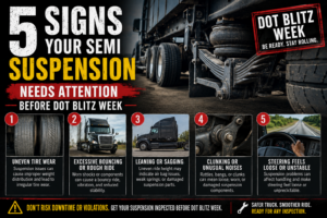 semi-suspension-warning-signs-dot-blitz-fabel.jpg Bold informational graphic from Fabel Repair & Collision listing five warning signs of semi-truck suspension issues before DOT blitz week, designed for fleet maintenance awareness and safety compliance in Wisconsin.