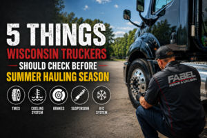 Informational seasonal checklist graphic from Fabel Repair & Collision outlining five key maintenance checks for Wisconsin truckers preparing for summer hauling conditions including tires, brakes, fluids, and suspension.