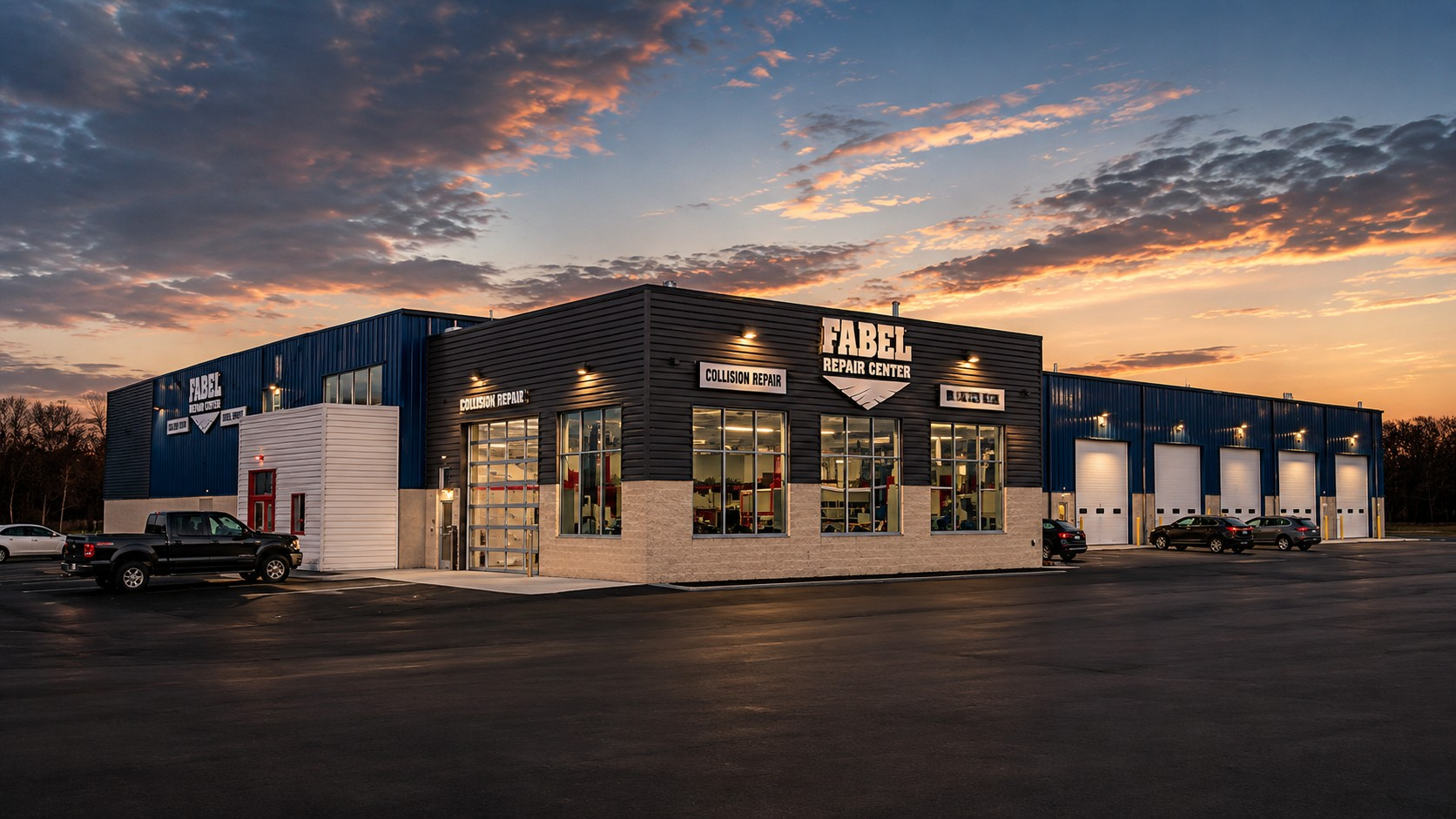 Outside of Appleton Fabel Collision Center Outside of the Appleton Fabel Collision Center with a partly cloudy sky