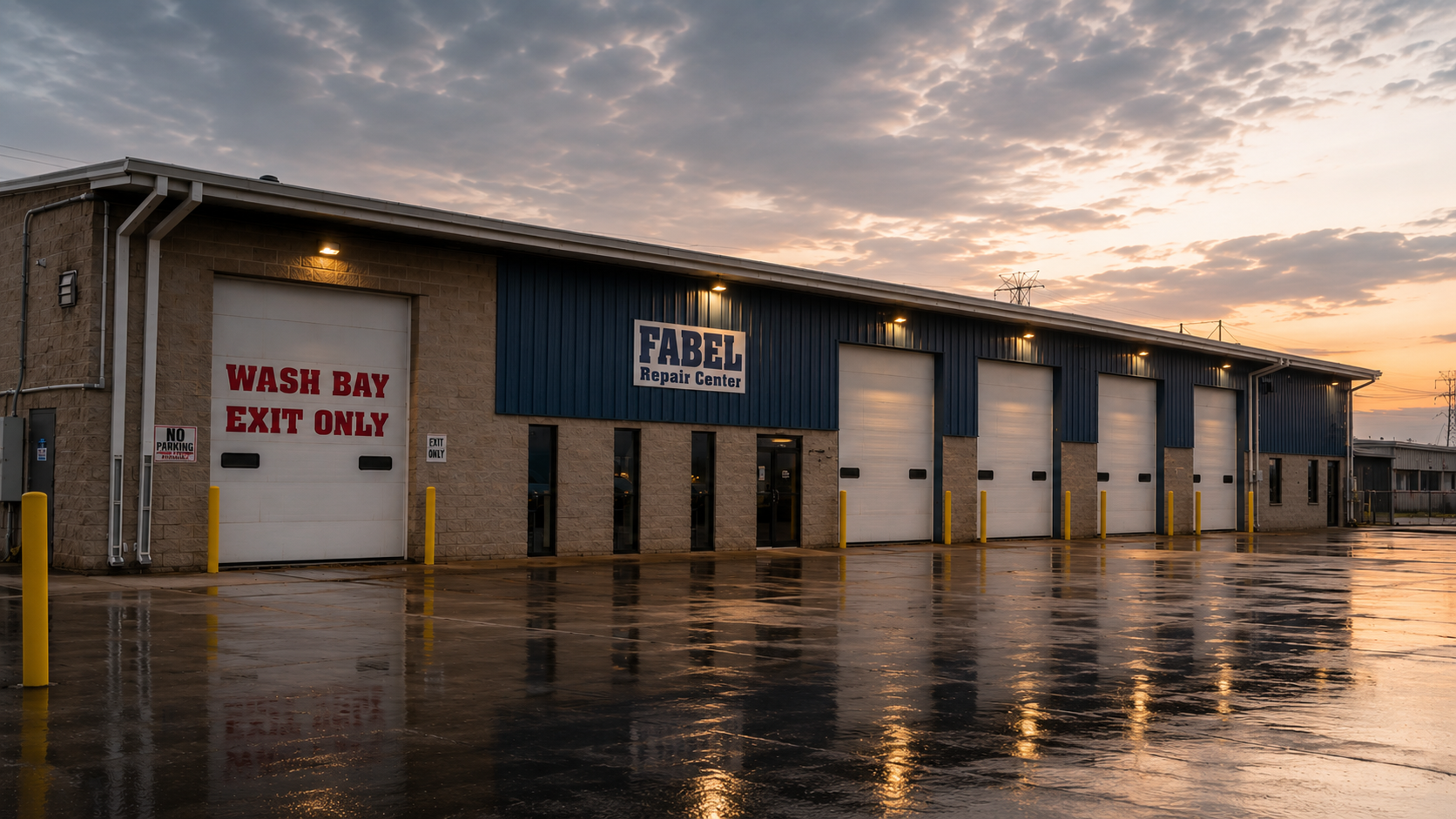 Outside of Appleton Fabel Repair Center Outside of the Appleton Fabel Repair Center with a wet parking lot and cloudy sky