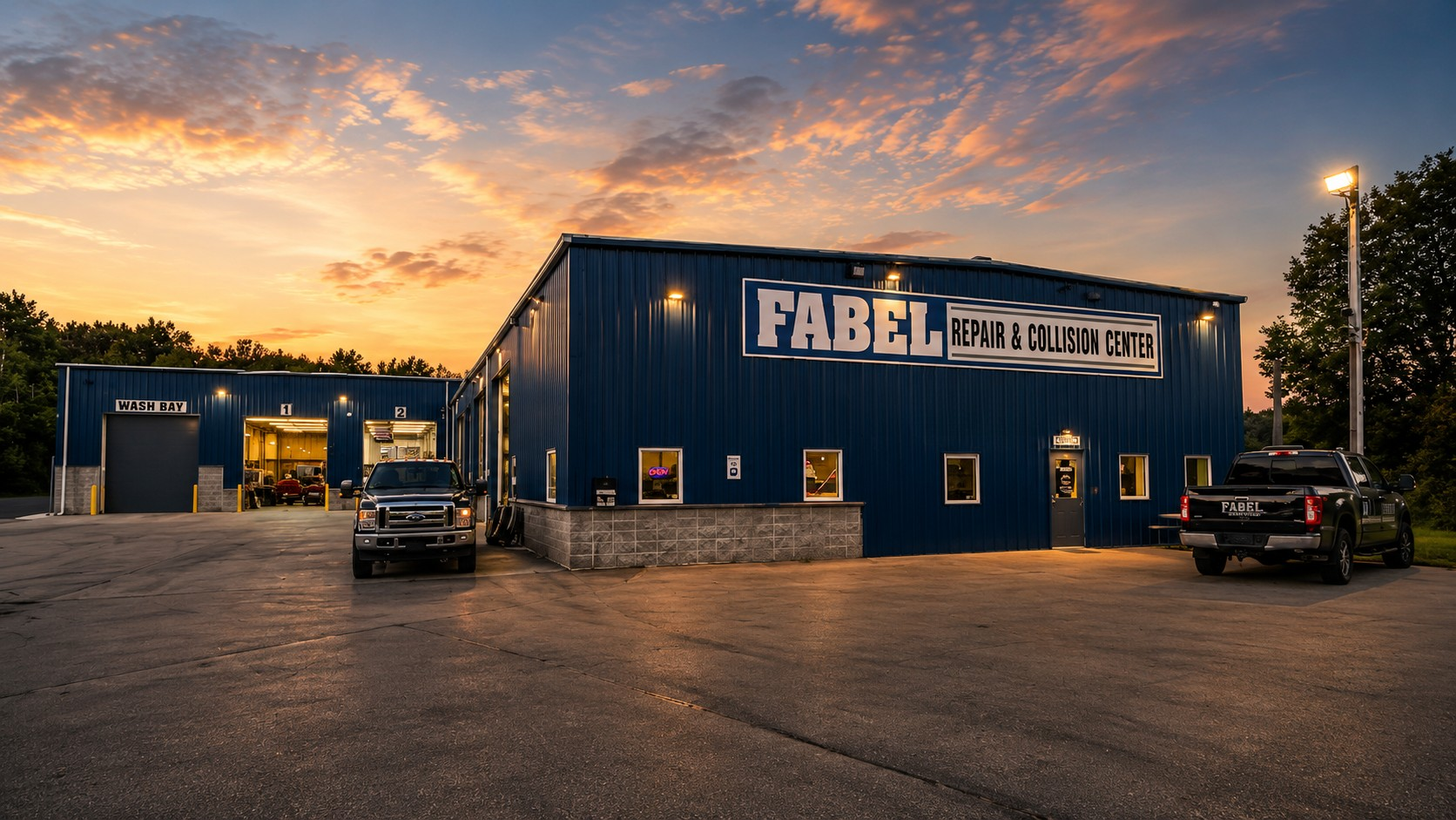 Outside of Waupaca Fabel Repair Center Outside of Fabel Repair Center in Waupaca with a partly cloudy sky