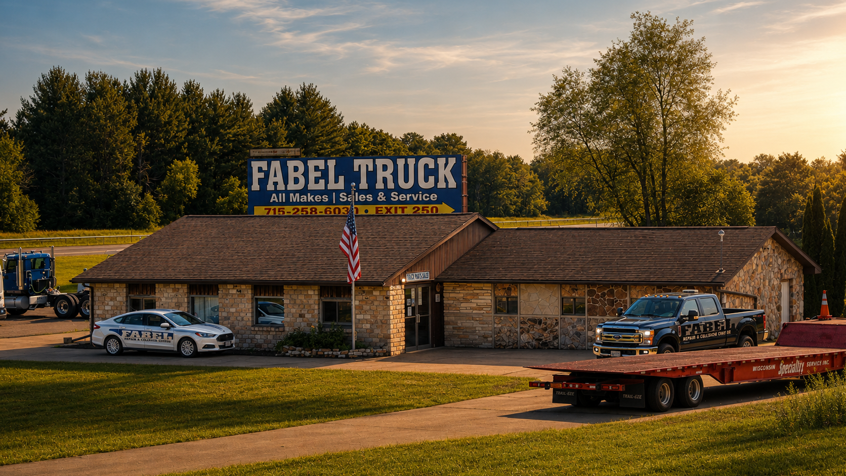 Outside of Waupaca Fabel Truck Sales Outside of Fabel Truck Sales building in Waupaca on a sunny day