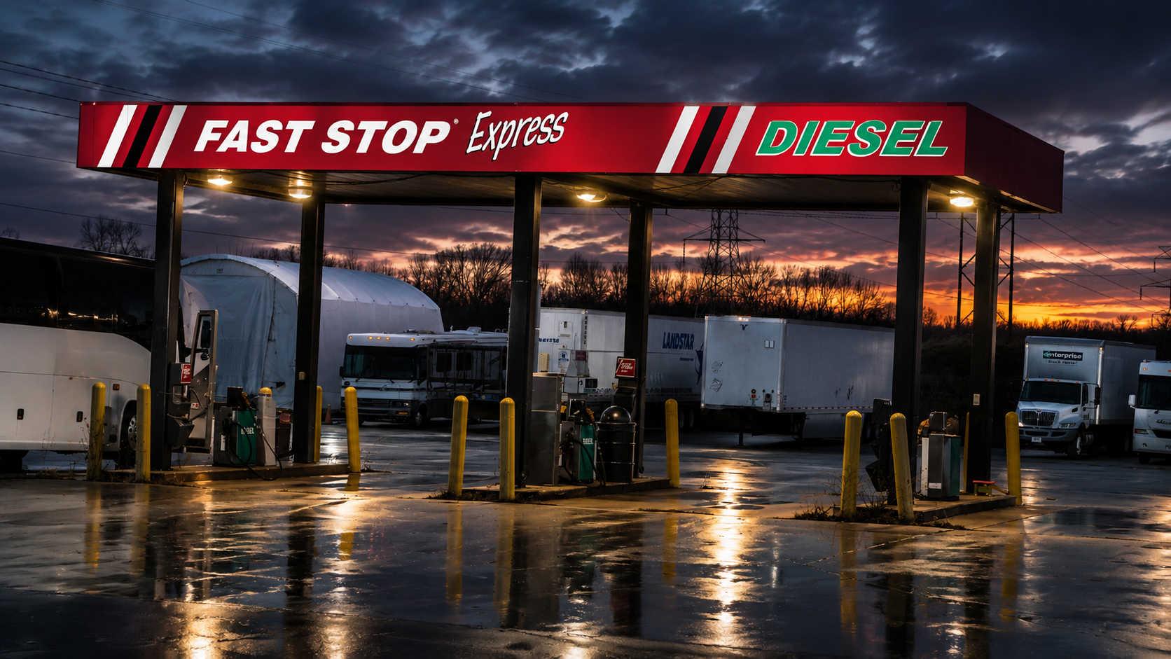 Fabel Fast Stop Express Diesel Fuel Island Fabel Fast Stop Express Diesel Fuel Island at night