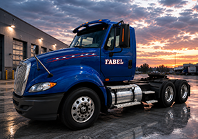 Fabel Repair daycab truck Fabel Repair daycab truck sitting outside of a shop